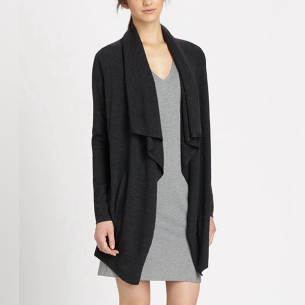 THEORY Maritza D Preen Charcoal Waterfall Cardigan 100% Wool Women’s Sz P (XS)